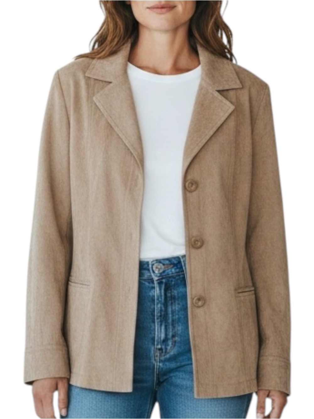 CHICO'S Jacket Textured Button Front Faux Suede Blazer in Khaki/Tan Size 3 (16)